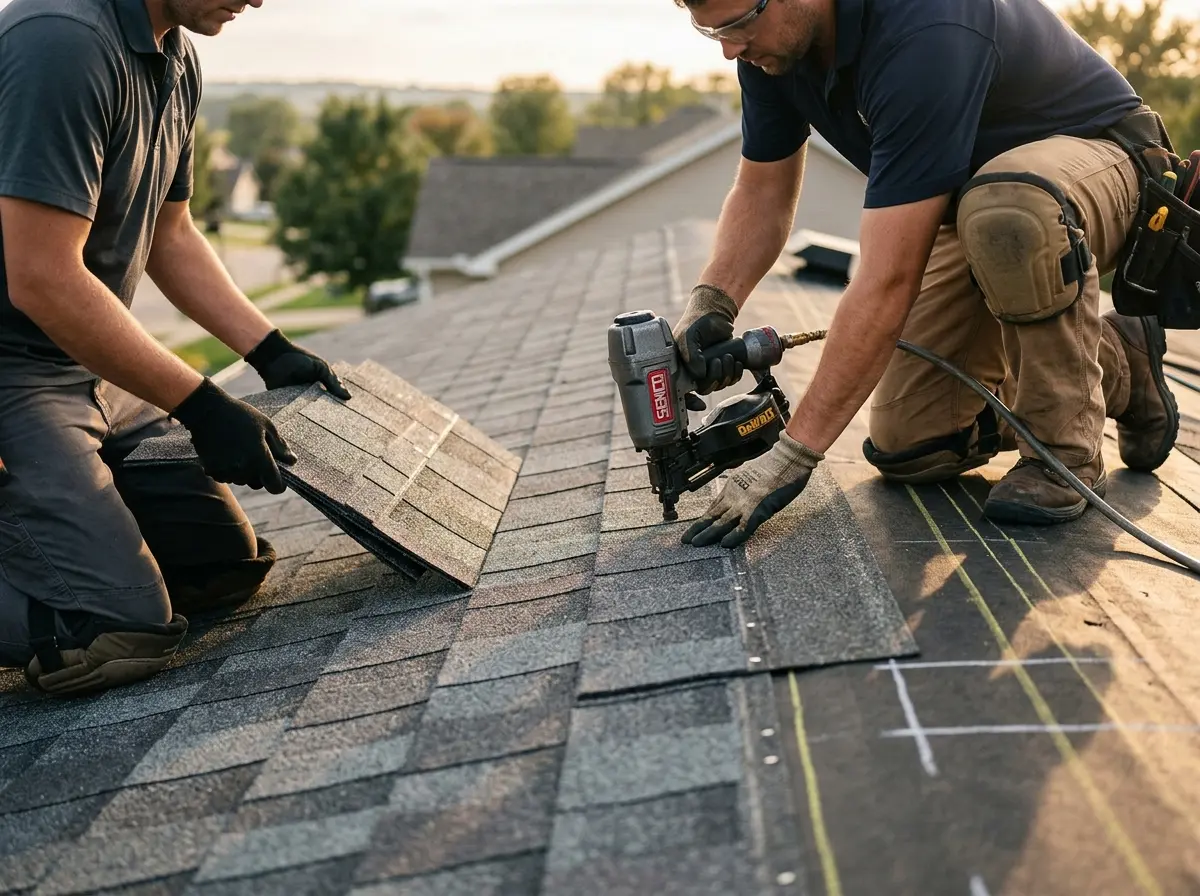Professional roofer working on a residential roof in Soquel